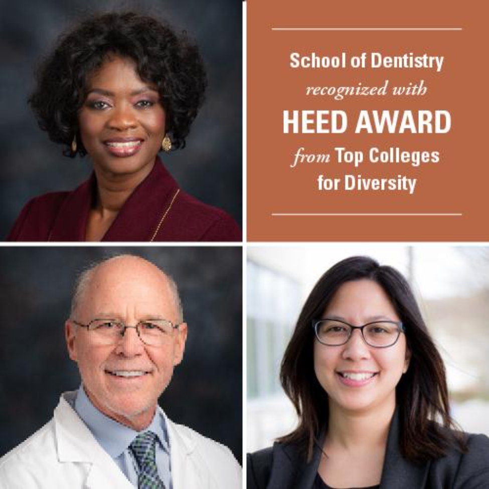 Leaders in the DEI Team (counterclockwise from top left): Lisa Cain, PhD, associate dean for professional development and faculty affairs; Ralph Cooley, DDS, assistant dean for admissions and student services; and Auco Dang, director of administration.